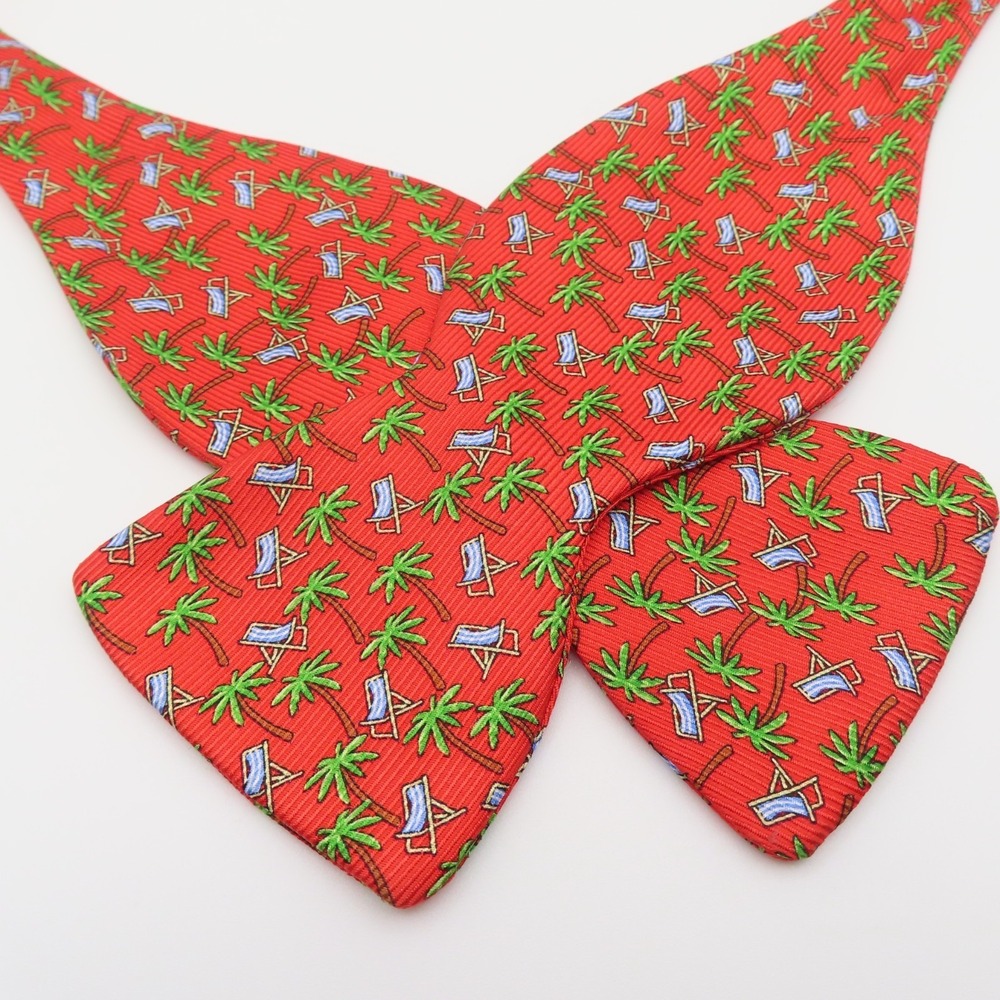 H Stockton Bow Tie Red Green Palm Tree Beach 2.5" Wide Self Tie Silk USA